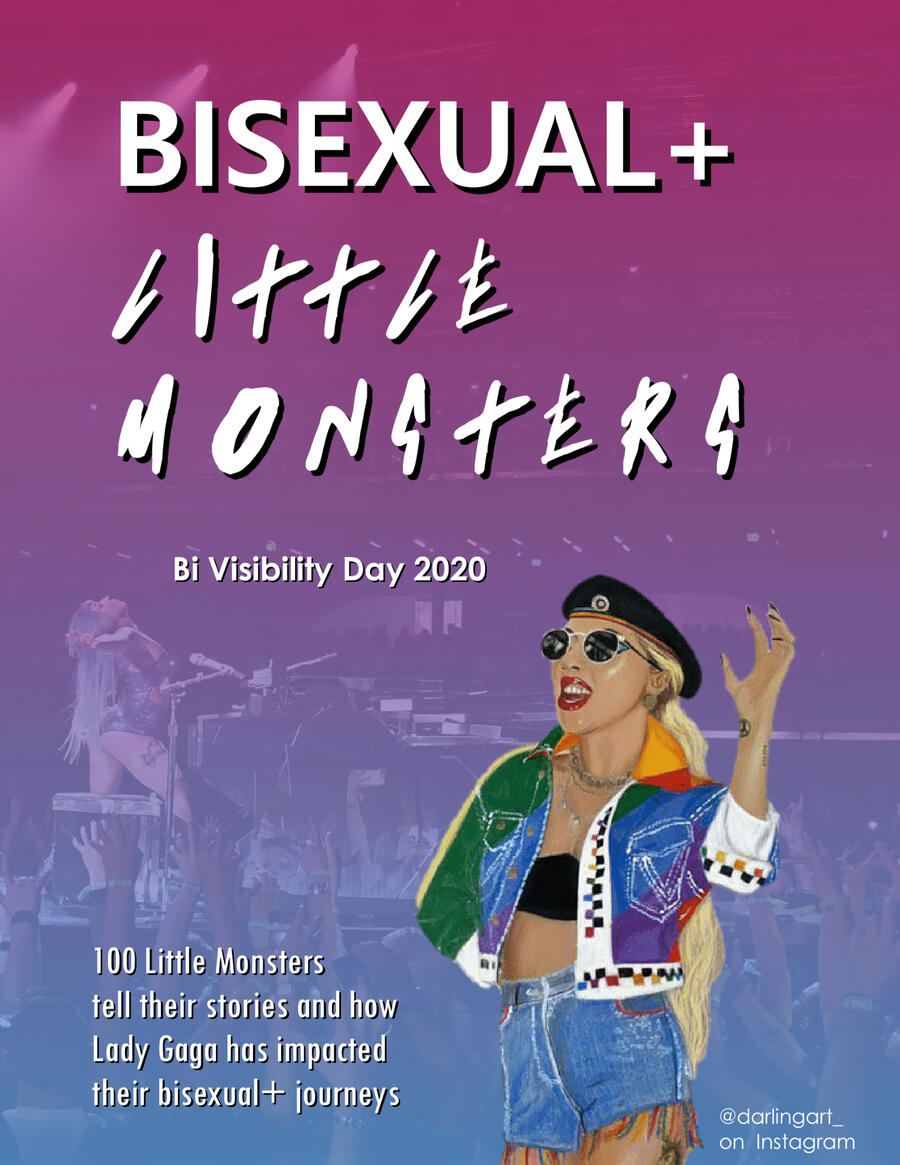 Lady Gaga holding a pride flag up to her face and looking cute. Her face is surrounded by digital bi inspired stickers.